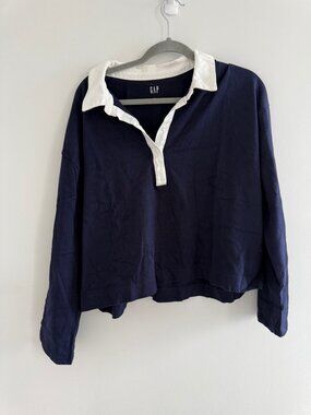 Gap Cropped Rugby Polo Shirt Navy White XL